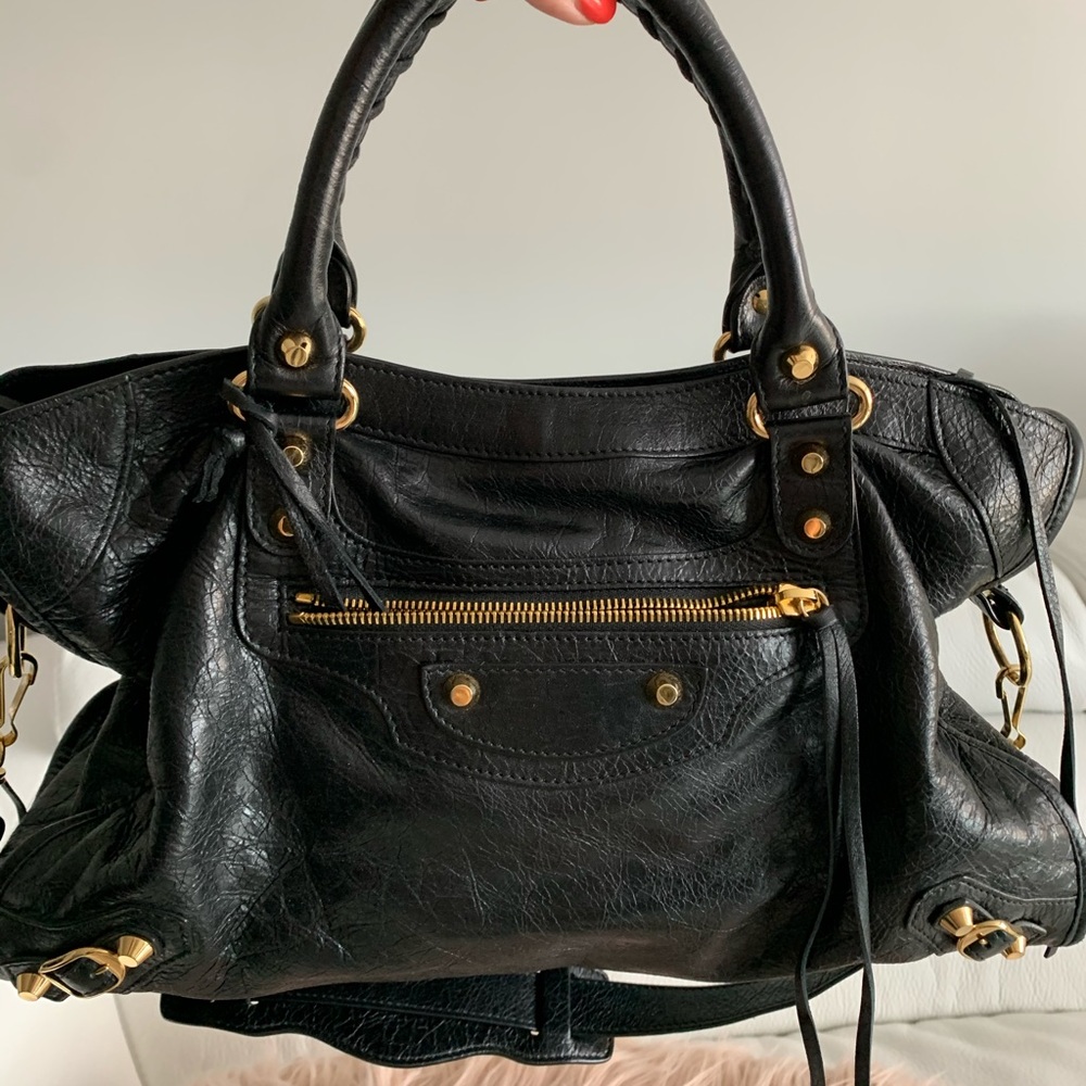 Auth S/S 2016 Balenciaga Black Gold HW City Medium Leather Bag